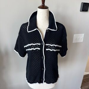 Abercrombie & Fitch Crochet Short Sleeve Black and White Knit Button-Up Cardigan